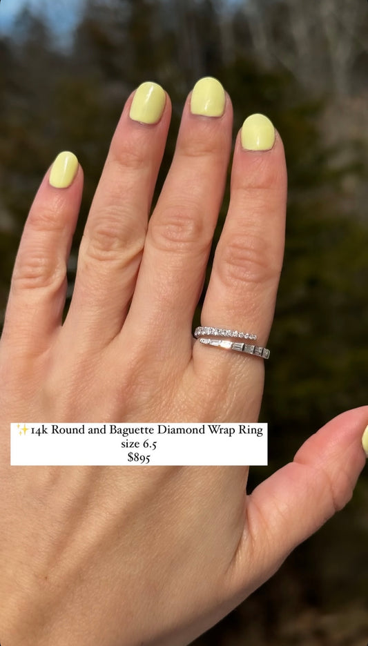 14k Round and Baguette Diamond Wrap